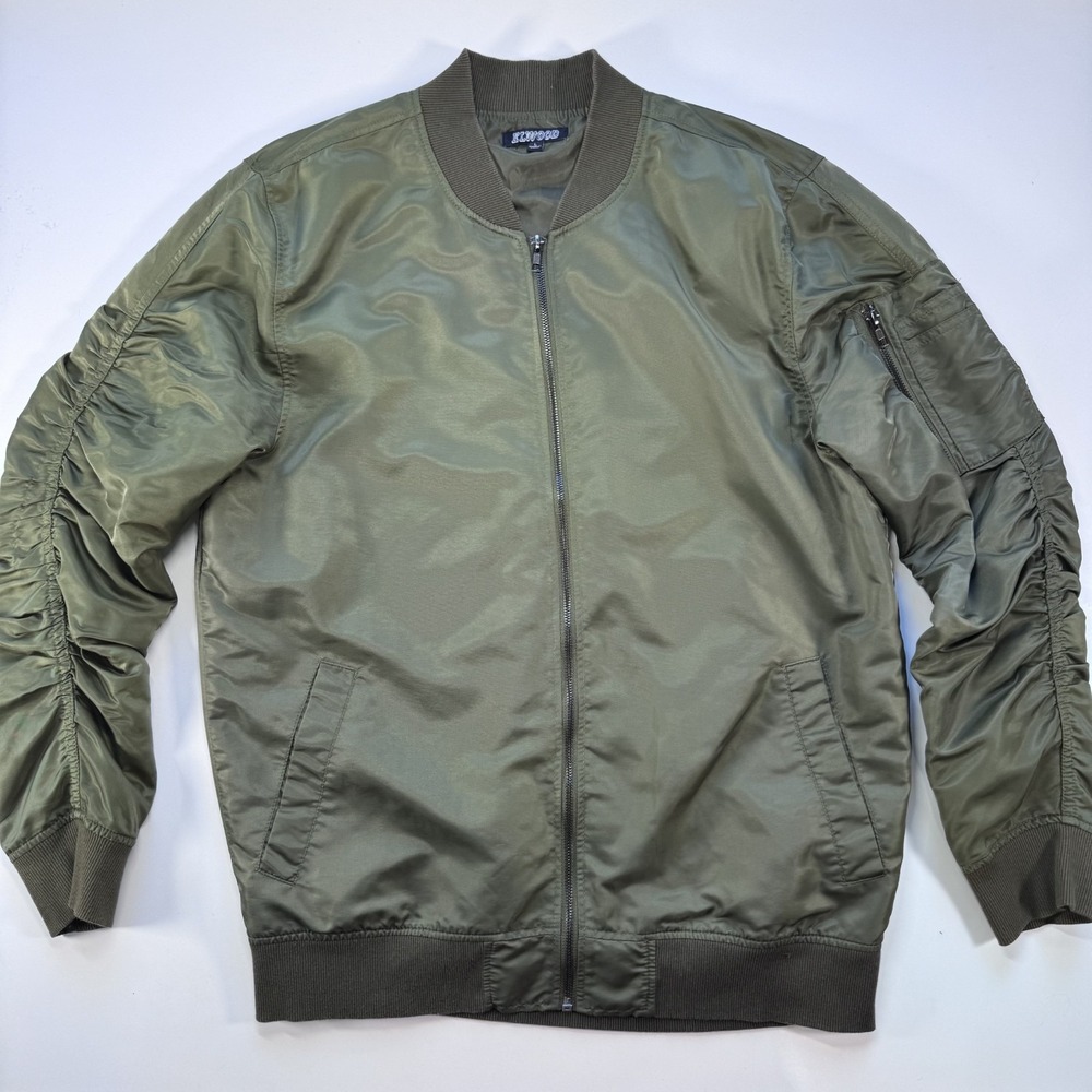 ELWOOD Bomber Full Zip Jacket Women Large Green Ruched Sleeve Green Lightweight